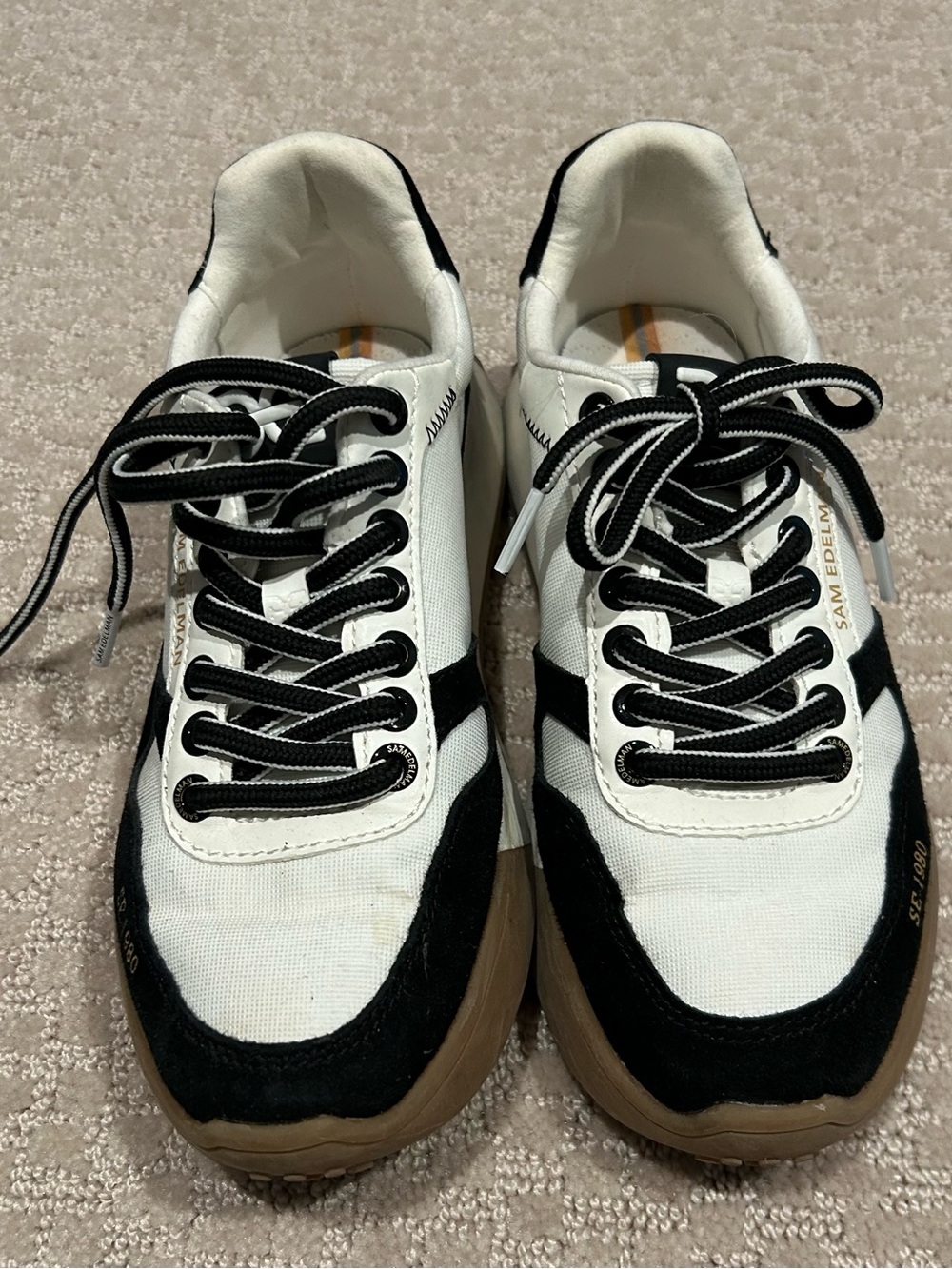 Sam Edelman White and Black Low-Top Sneakers with Brown Outsole